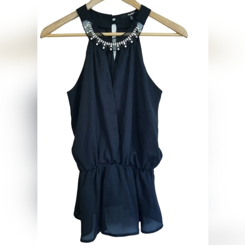 Papaya Black Haltered Surplice Sleeveless Peplum Top with Rhinestones Neckline